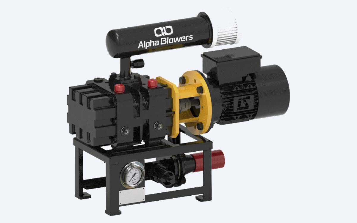 Alpha twin-lobe pressure blower package with yellow belt guard, inlet silencer, base frame cum silencer and pressure gauge