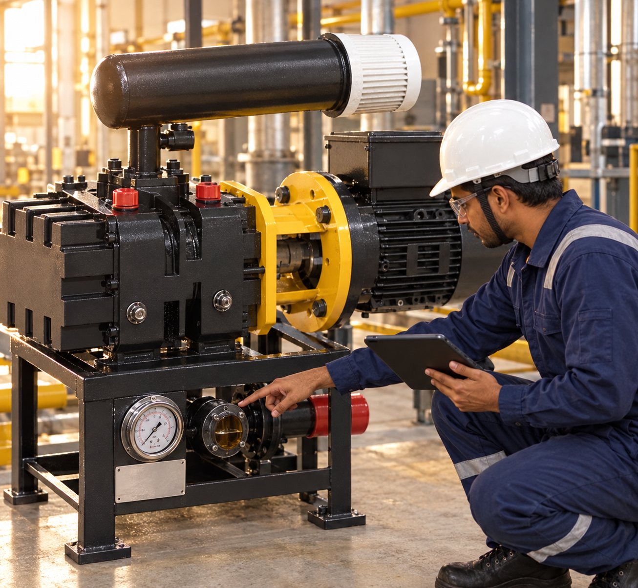 Service engineer checking the pressure gauge of an Alpha twin-lobe blower with a tablet