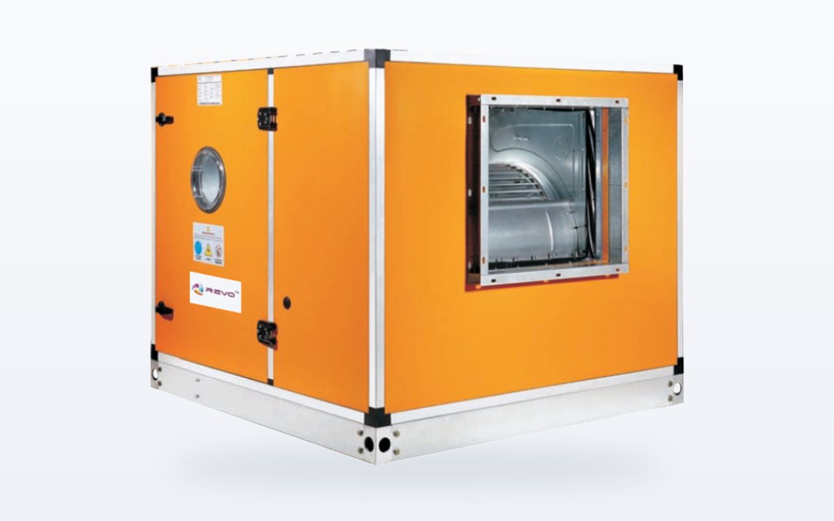 Ravi Aircon treated fresh air unit in orange double-skin casing