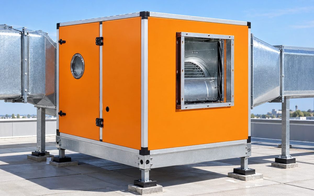 Orange double-skin air scrubber unit on a rooftop
