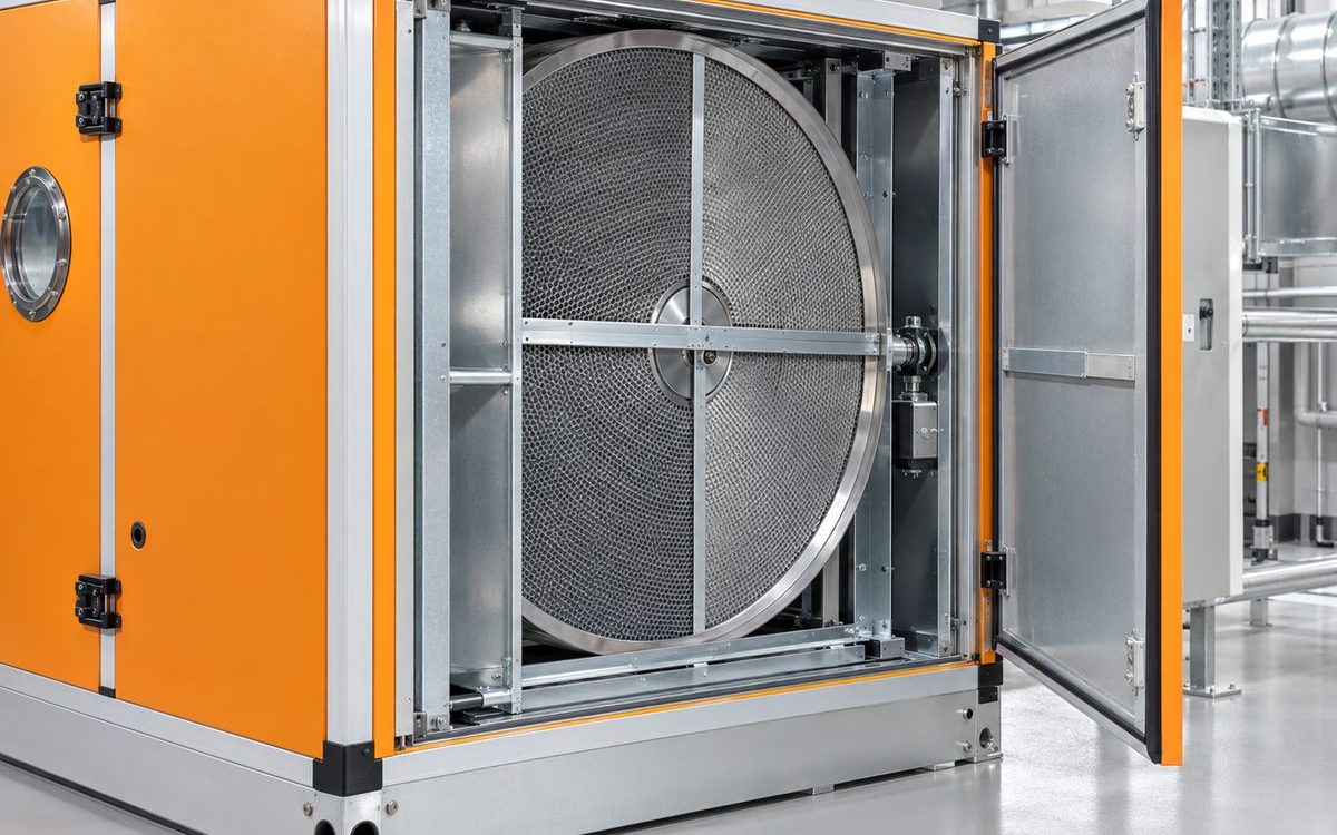 Rotary heat recovery wheel inside an air handling unit casing