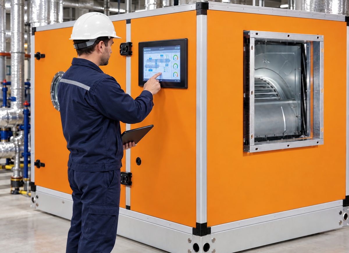 Engineer using the touchscreen HMI controller on a REVO Smart AHU