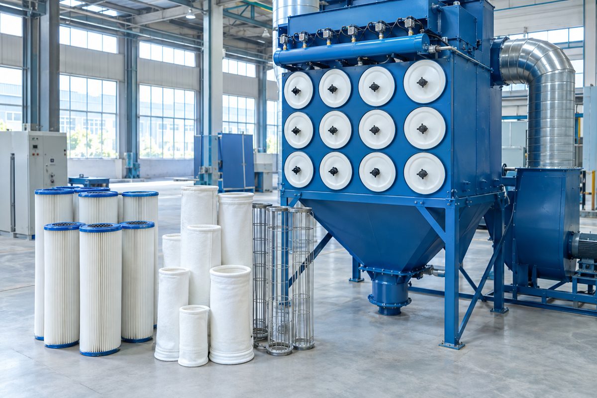 Pulse-jet dust collector with felt filter bags and cages