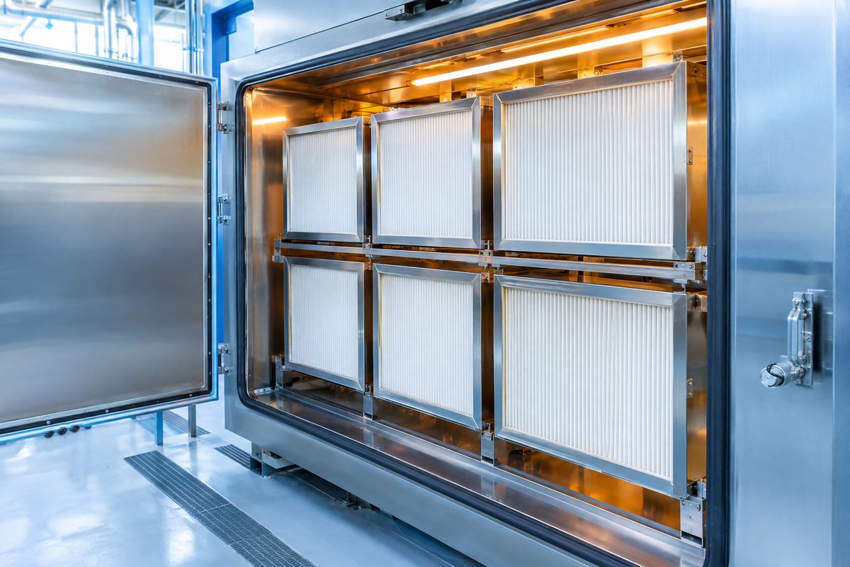 High temperature filters with steel frames inside an industrial oven