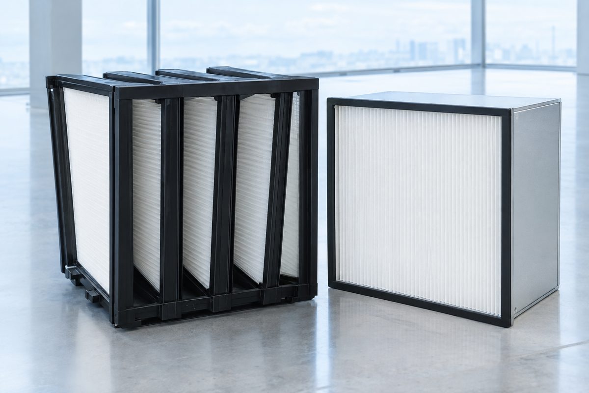Compact V-bank fine filters with mini-pleat media packs