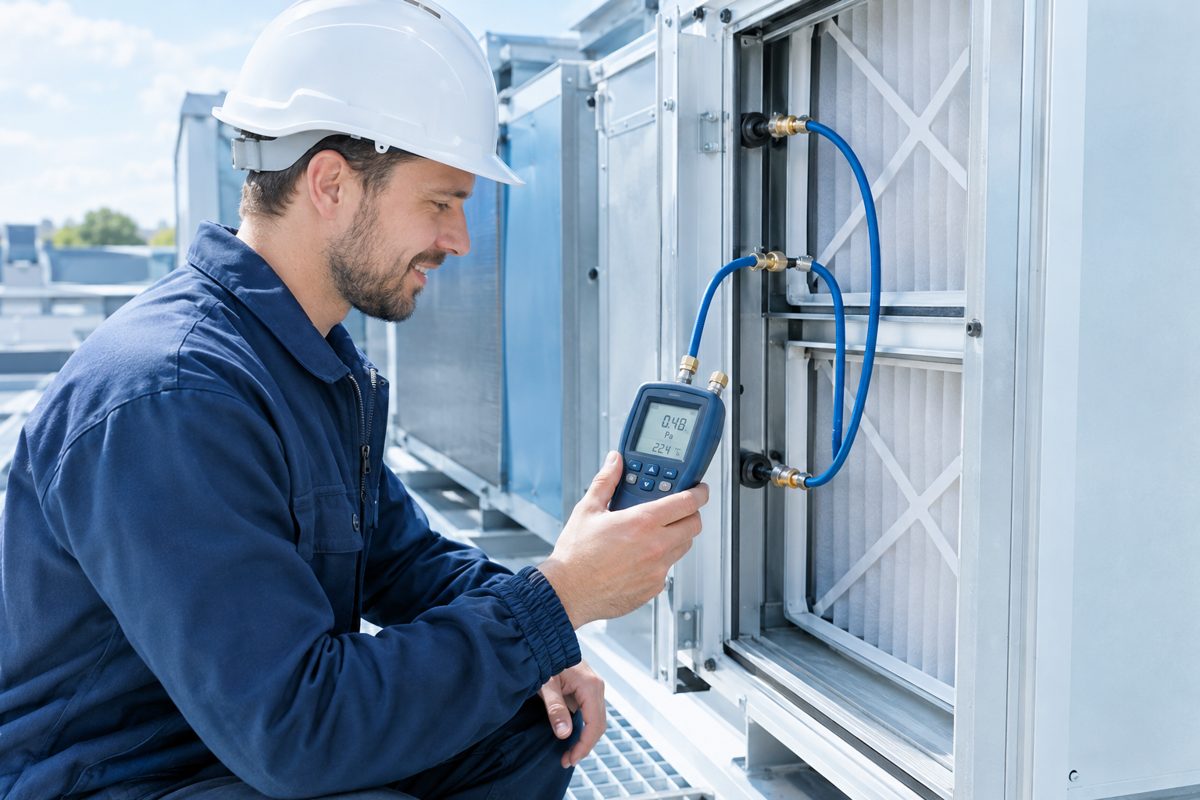 HVAC engineer measuring filter pressure drop on an air handling unit