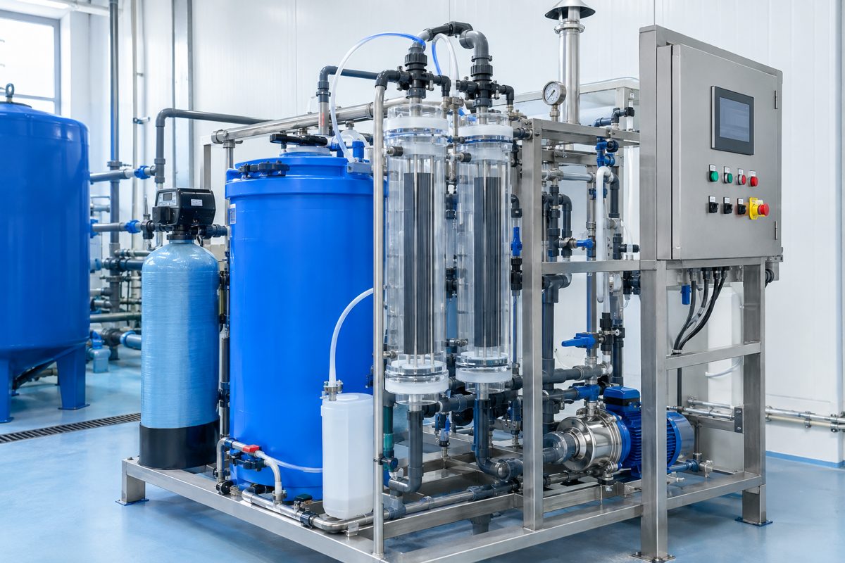 Skid-mounted electrochlorination system with tubular electrolytic cells, brine tank and softener