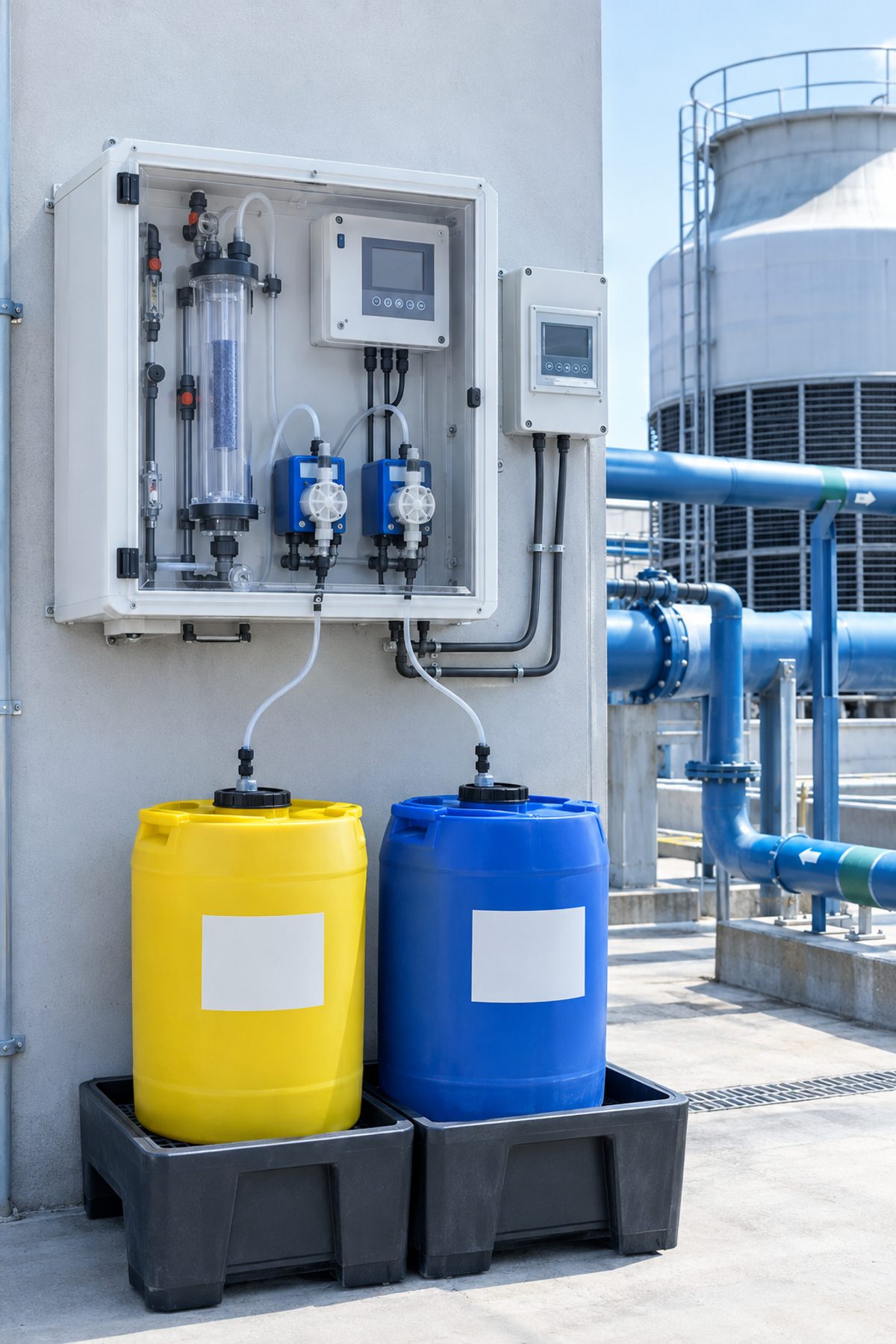 Wall-mounted chlorine dioxide generator cabinet with dosing pumps and chemical drums on spill pallets