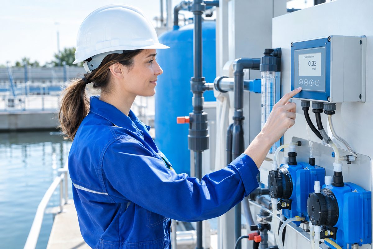 Engineer checking a free chlorine analyser on a dosing control panel