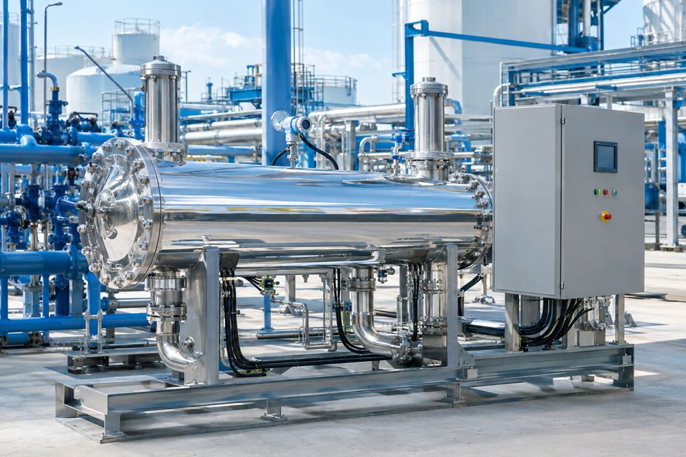 Industrial stainless UV reactor on a skid with control panel