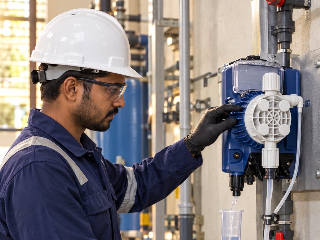 Engineer calibrating a wall-mounted solenoid dosing pump with a calibration cylinder