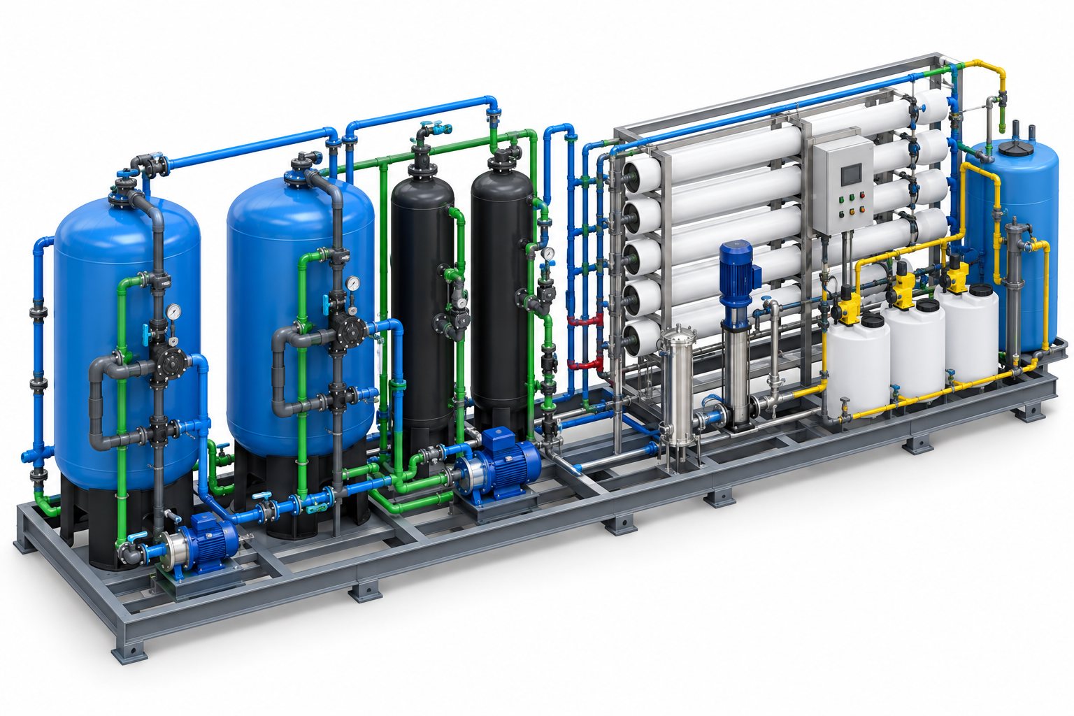 3D CAD model of a packaged water treatment skid with filters, RO system, dosing tanks and colour-coded piping