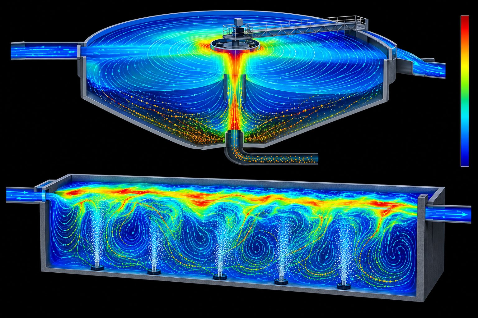 CFD velocity contours and streamlines in a circular clarifier and an aeration tank