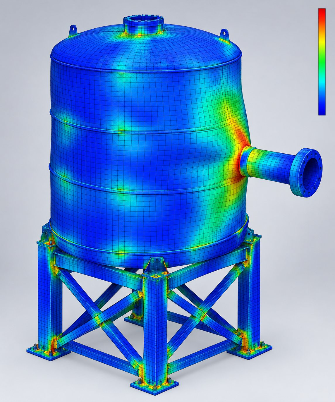 FEA stress contour plot of a steel water tank on a support frame with a pipe nozzle