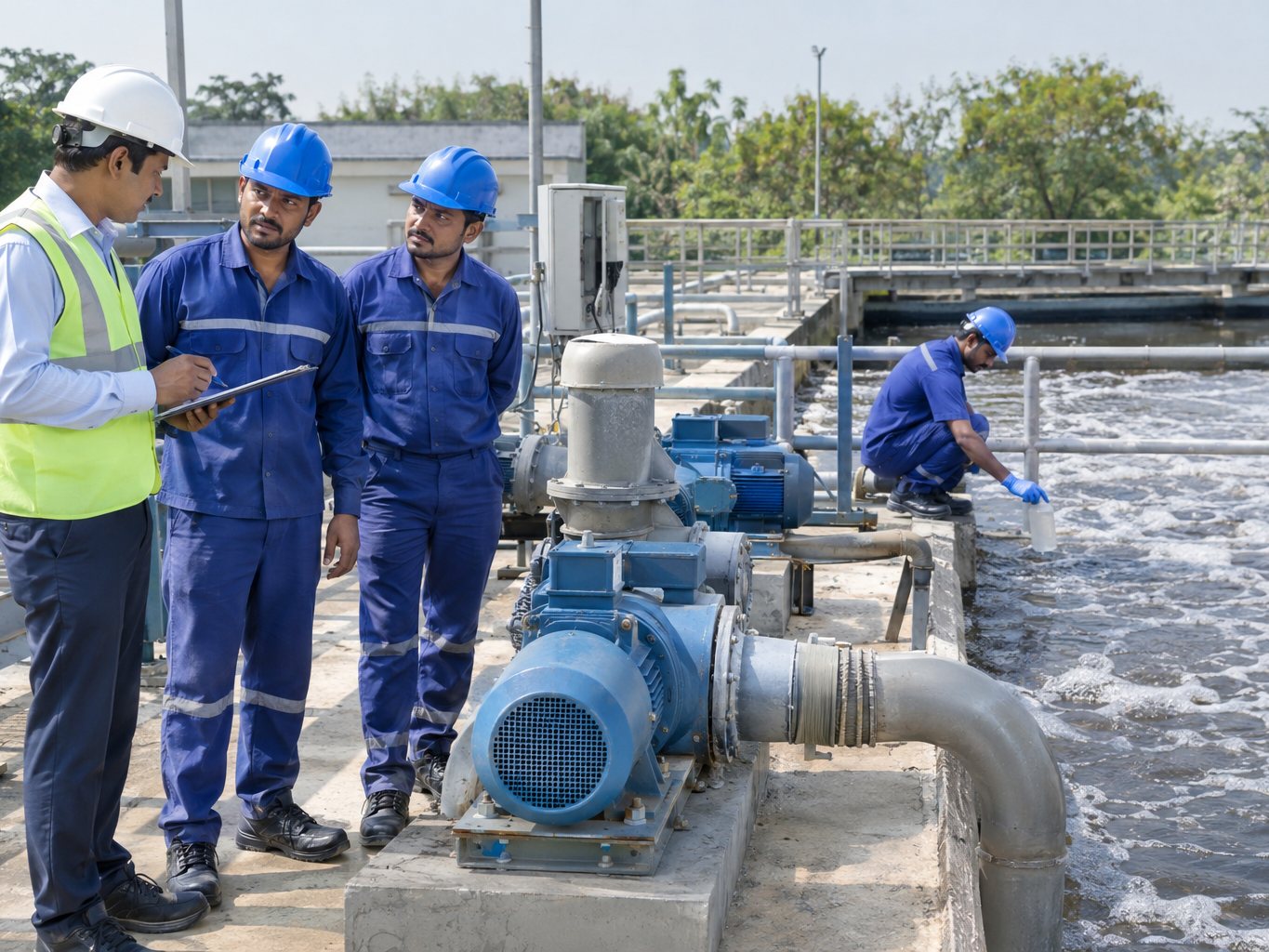 Wateria plant supervisor briefing operators at a sewage treatment plant while a technician takes a water sample