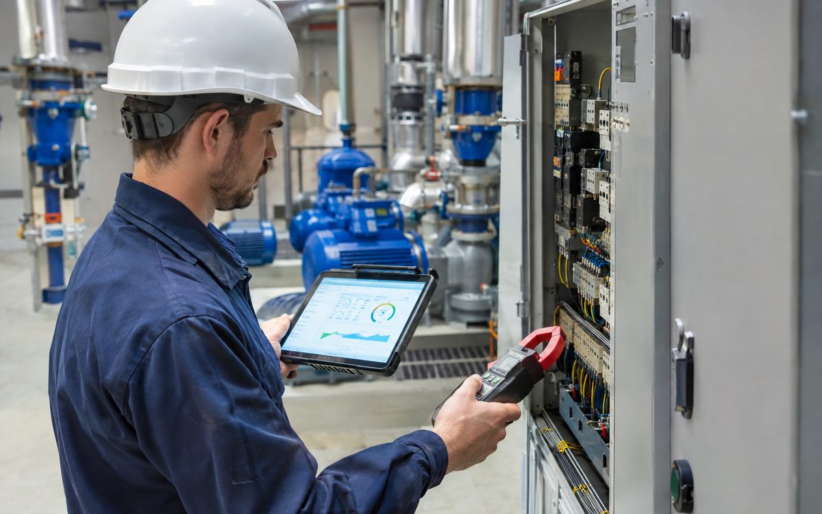 Energy engineer measuring pump power consumption at a control panel