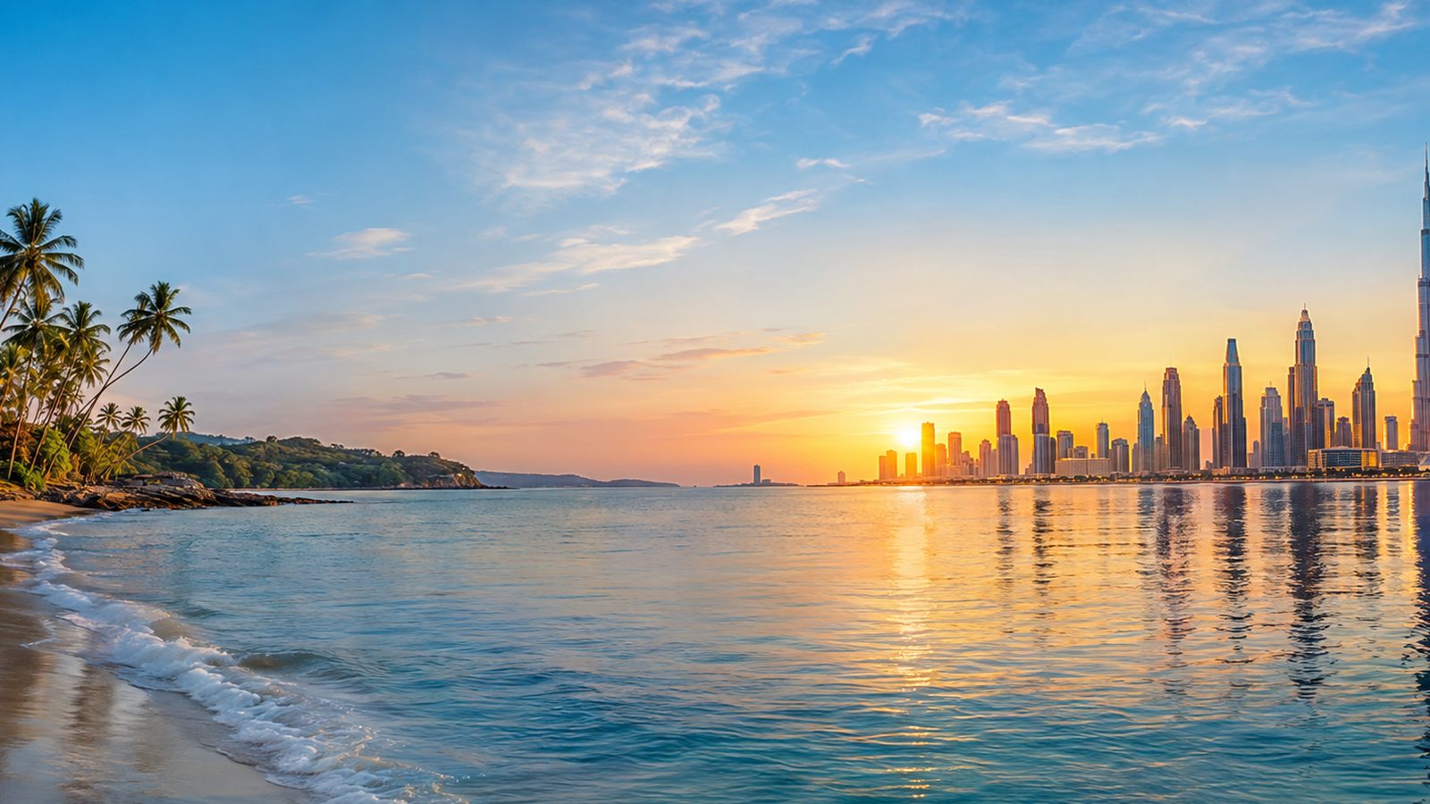 Goa coastline with palm trees blending into the Dubai skyline