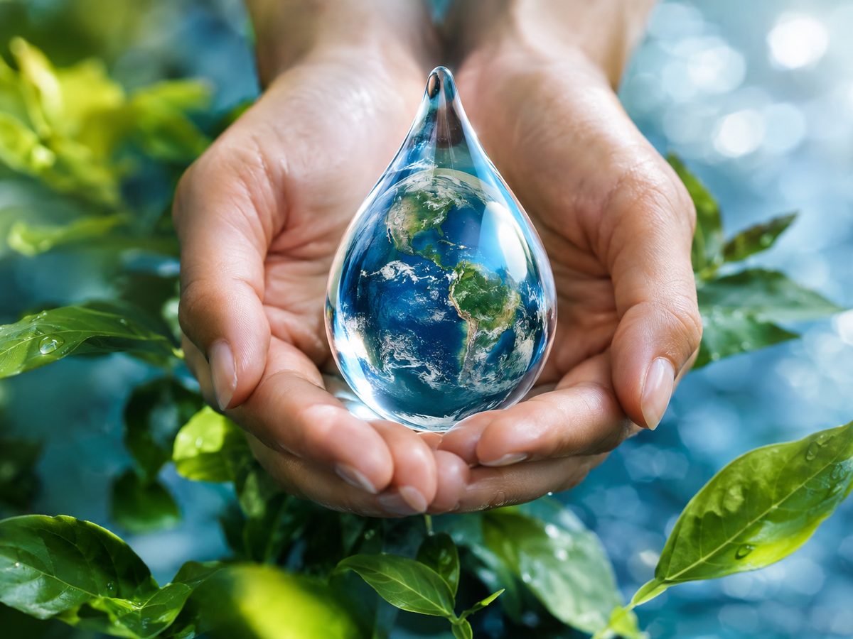 Hands holding a water droplet with a reflection of the Earth