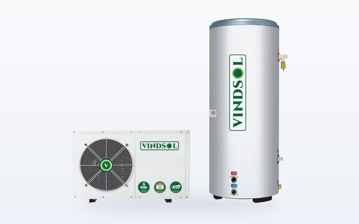 Vindsol domestic heat pump with outdoor unit and hot water storage cylinder