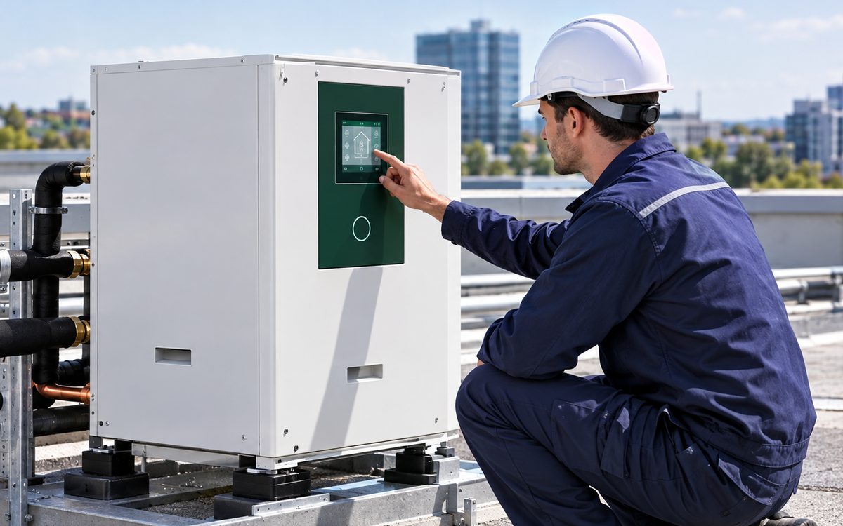 Engineer checking the controller of a commercial heat pump on a rooftop