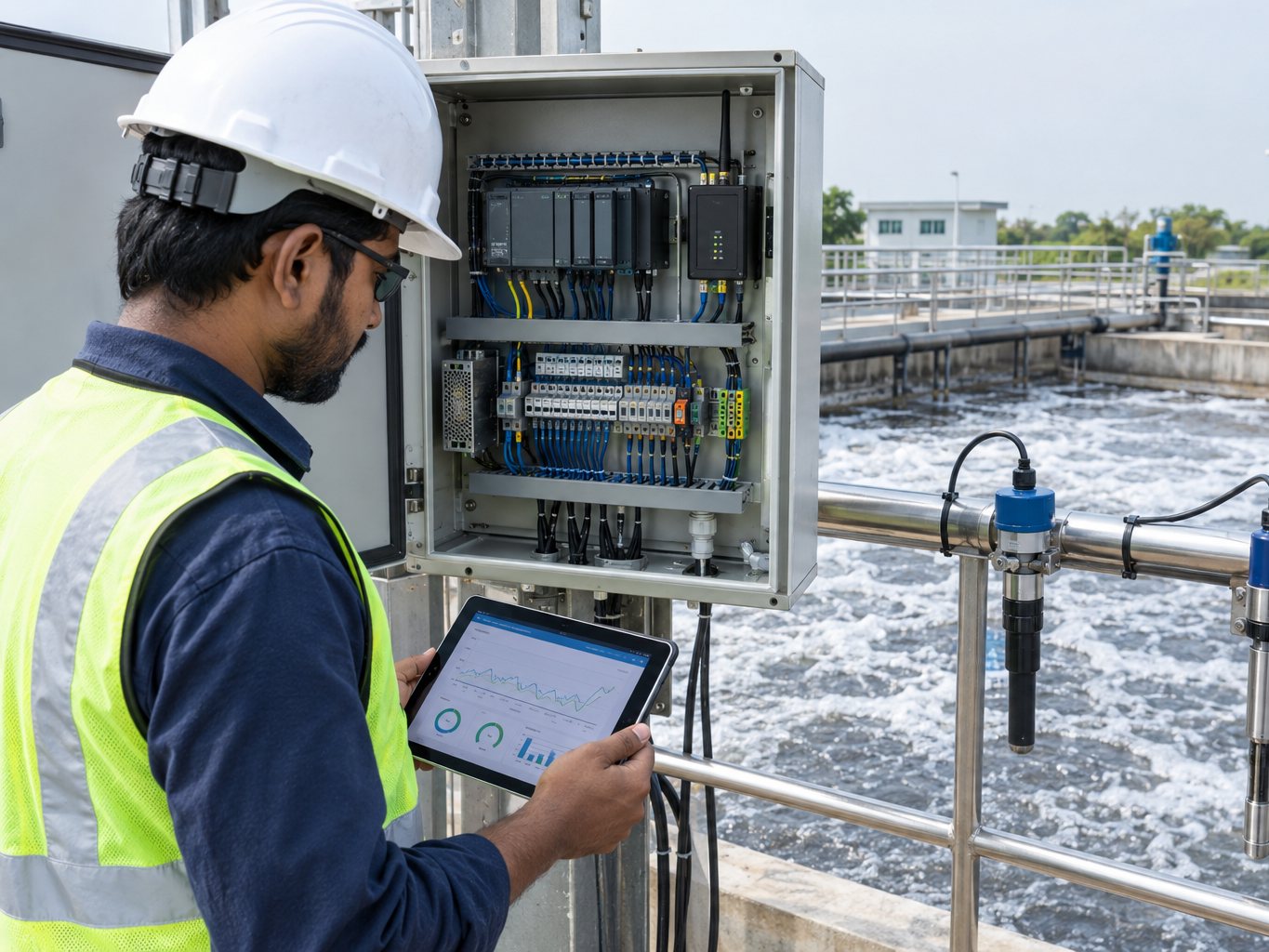 Field engineer checking an IoT panel with a PLC and data logger beside an aeration tank with online sensors