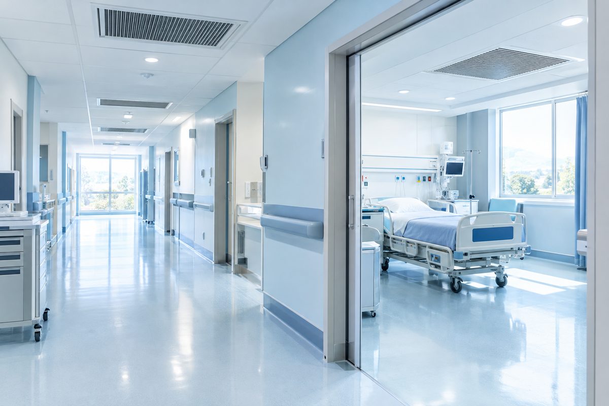 Clean hospital corridor with ceiling air vents