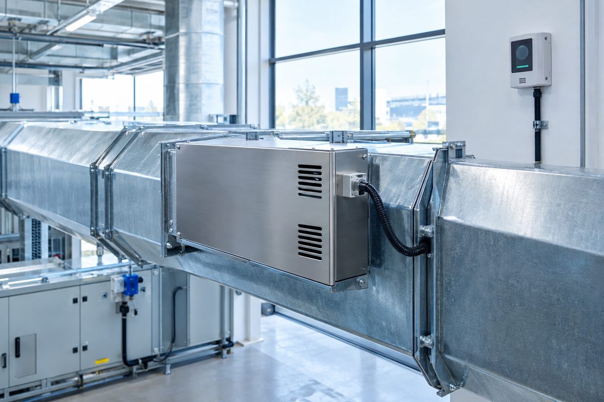 Duct-mounted ozone air treatment unit on an HVAC air handling unit