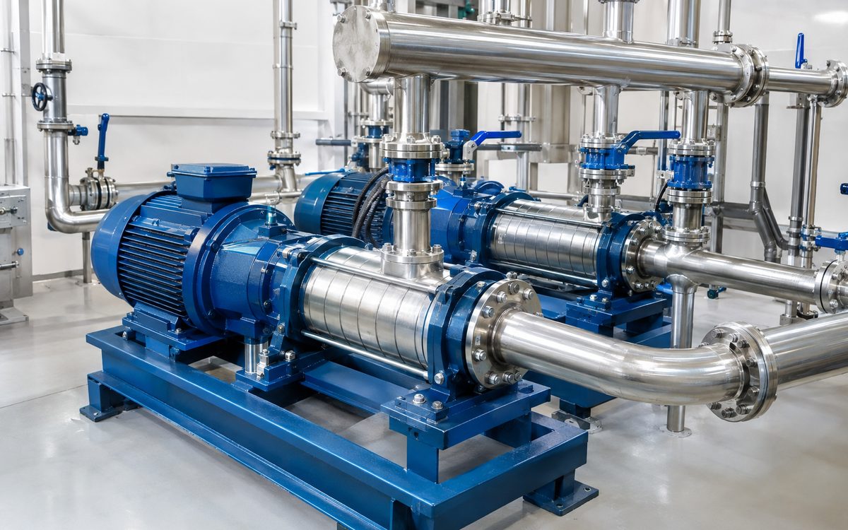 Two horizontal multistage booster pumps on a base frame with stainless steel manifold