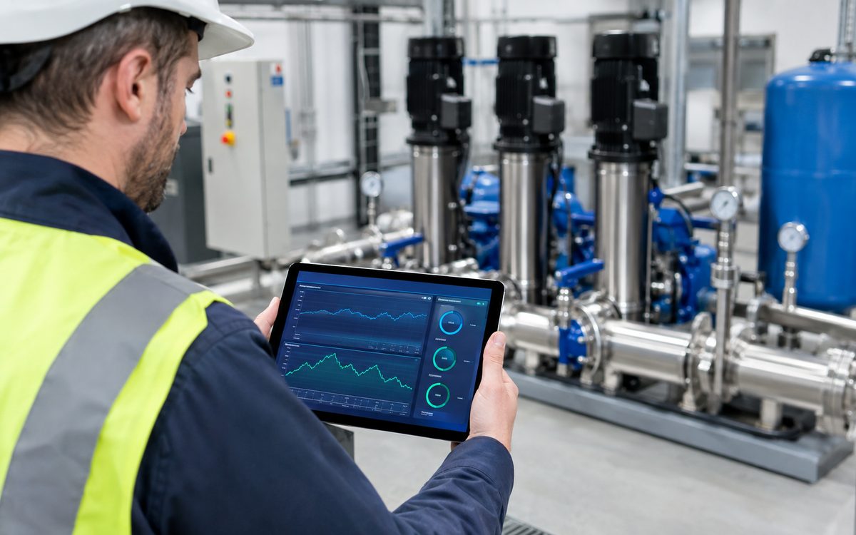 Engineer viewing a booster pump monitoring dashboard on a tablet