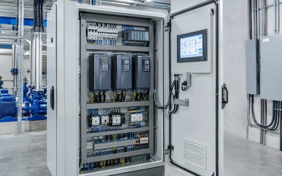 Pump control panel with variable frequency drives and PLC
