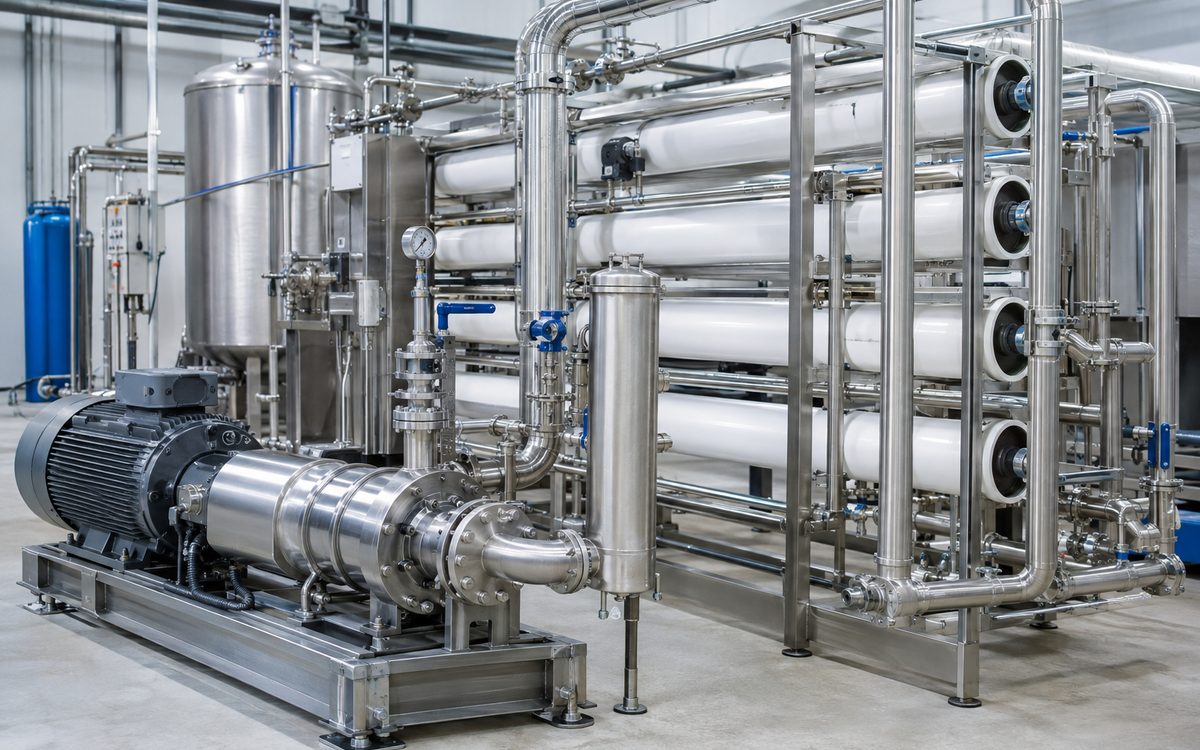 Stainless steel high pressure pump feeding a reverse osmosis skid