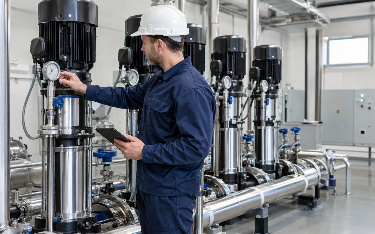 Service engineer checking the pressure gauge on a vertical multistage booster set