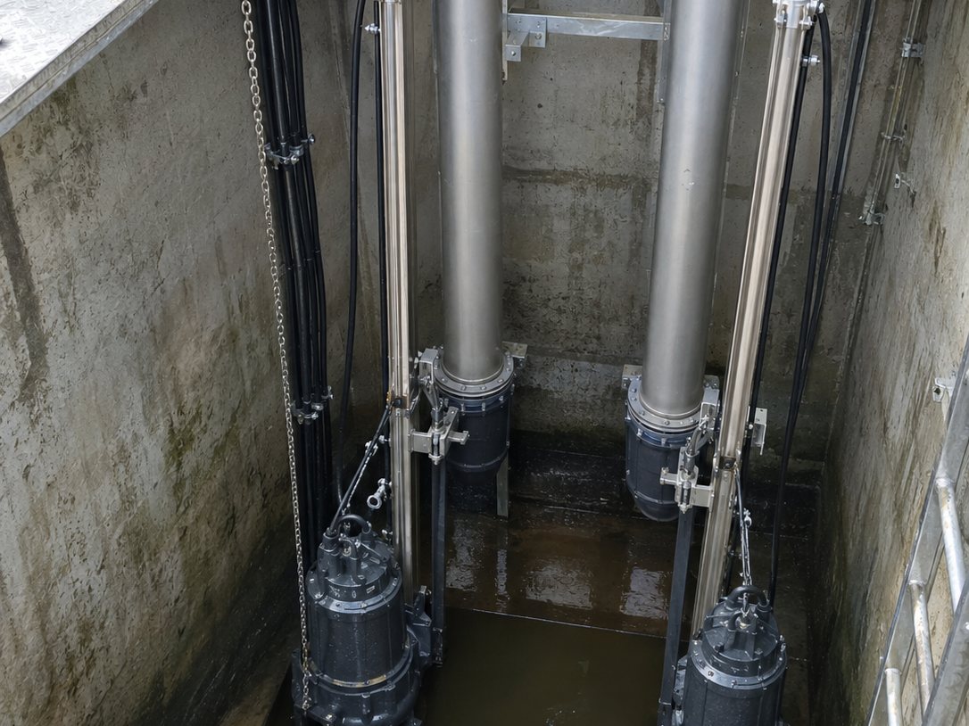 Submersible sewage pumps on guide rails in a pumping station