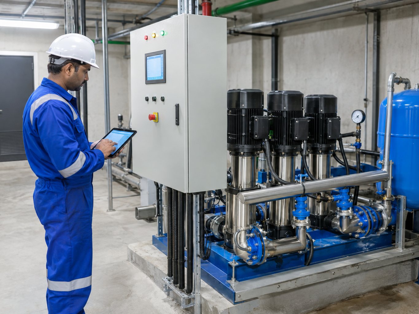 Wateria engineer commissioning a pump set