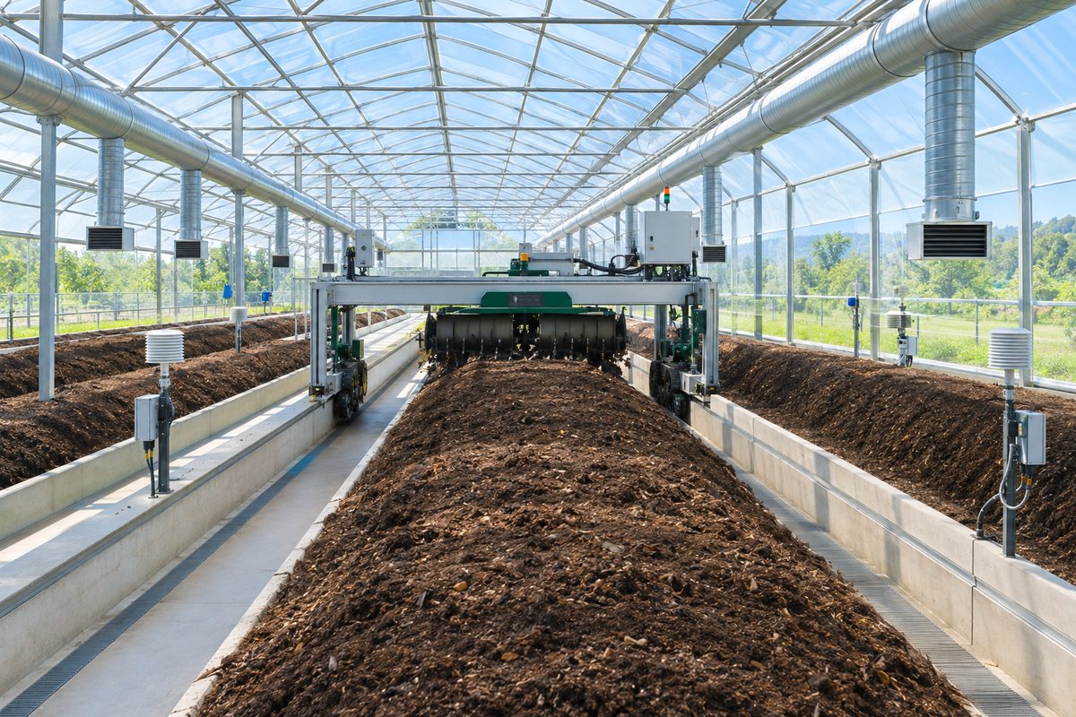 Linear compost beds with gantry turner under a solar roof