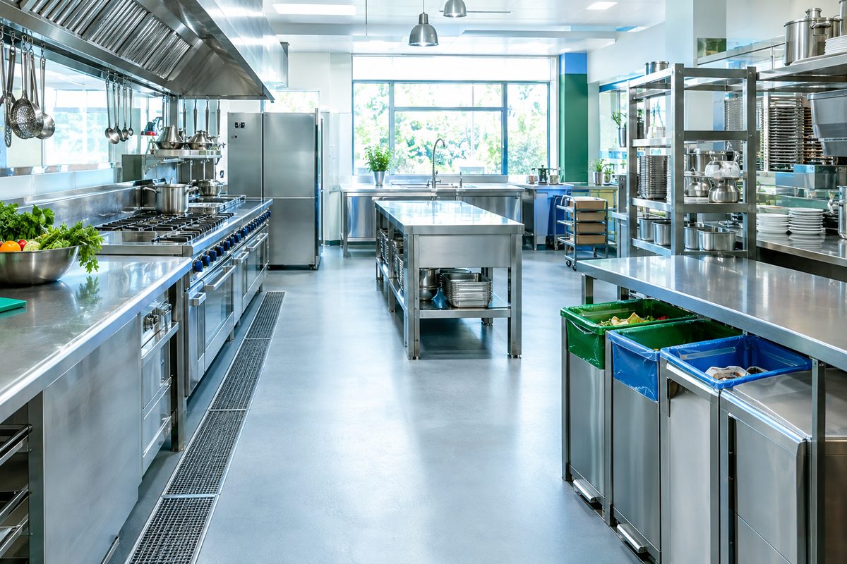 Hotel kitchen with segregated waste bins