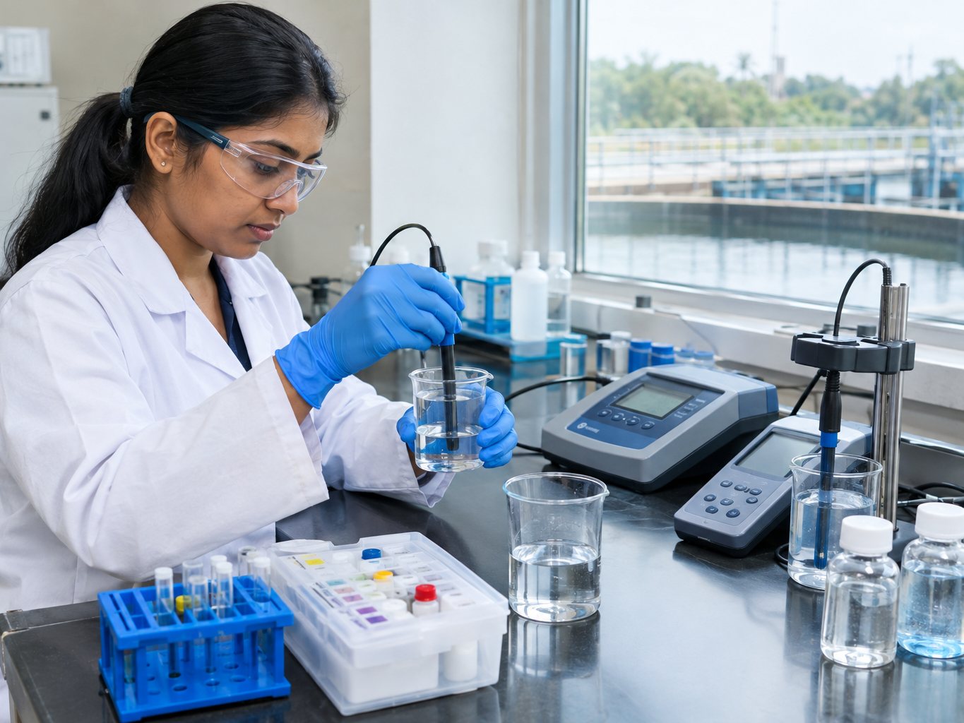 Water treatment chemist testing a water sample with a pH and conductivity meter